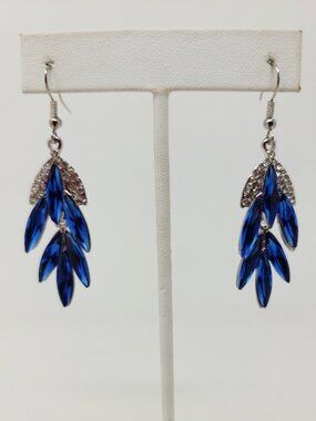 Blue Navette Crystal Leaf Dangle Earrings